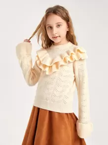 SHEIN Niñas Jersey ribete con fruncido de punto de malla - Beis - Ver 1