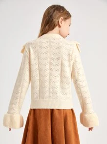 SHEIN Niñas Jersey ribete con fruncido de punto de malla - Beis - Ver 2