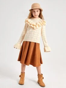 SHEIN Niñas Jersey ribete con fruncido de punto de malla - Beis - Ver 4