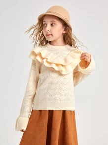 SHEIN Niñas Jersey ribete con fruncido de punto de malla - Beis - Ver 5