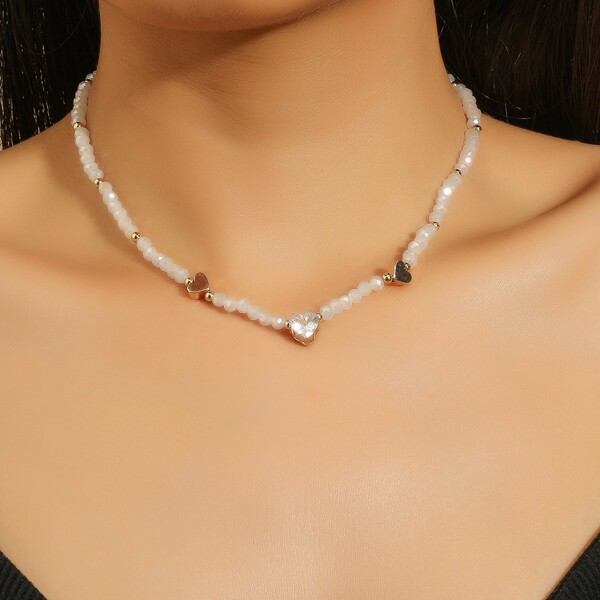 

Zircon Heart Decor Crystal Beaded Necklace, White