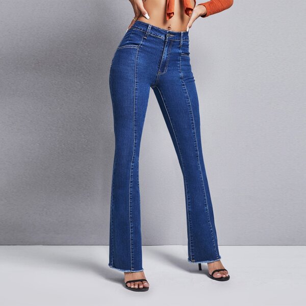 

Zip Up Raw Hem Flare Leg Jeans, Dark wash
