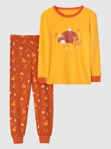 Girls Cartoon Graphic Ringer Top & Pants PJ Set