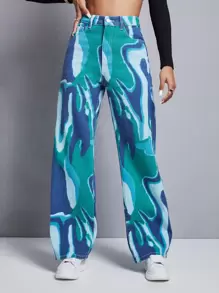 SHEIN EZwear 圖形圖案闊腿牛仔褲 - 彩色 - 查看 1