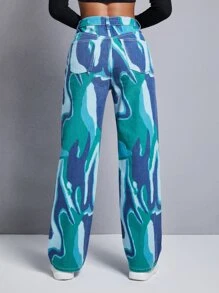 SHEIN EZwear 圖形圖案闊腿牛仔褲 - 彩色 - 查看 2