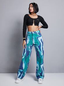 SHEIN EZwear 圖形圖案闊腿牛仔褲 - 彩色 - 查看 4