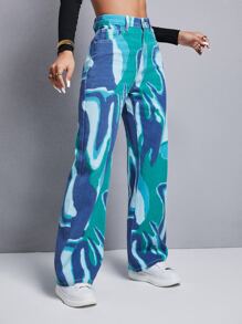SHEIN EZwear 圖形圖案闊腿牛仔褲 - 彩色 - 查看 5