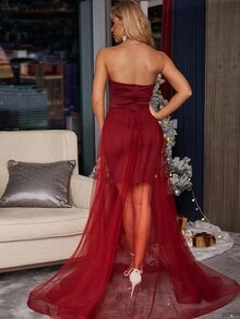 Missord 素色及地透視網紗抹胸舞會連衣裙 - 酒紅色 - 查看 2