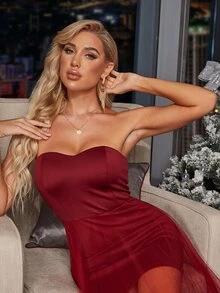 Missord 素色及地透視網紗抹胸舞會連衣裙 - 酒紅色 - 查看 5