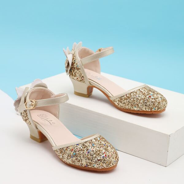 

Girls Bow Decor Glitter Heeled Ankle Strap Sandals, Gold