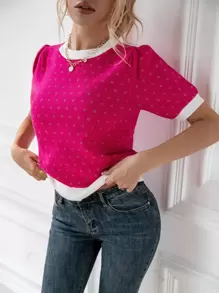 Knit Mix Ditsy Floral Pattern Puff Sleeve Knit Top - Hot Pink - View 2