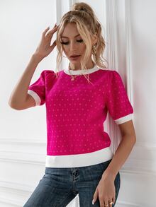 Knit Mix Ditsy Floral Pattern Puff Sleeve Knit Top - Hot Pink - View 4