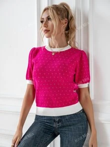 Knit Mix Ditsy Floral Pattern Puff Sleeve Knit Top