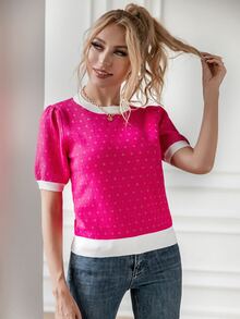 Knit Mix Ditsy Floral Pattern Puff Sleeve Knit Top - Hot Pink - View 6