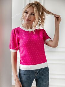 Knit Mix Ditsy Floral Pattern Puff Sleeve Knit Top