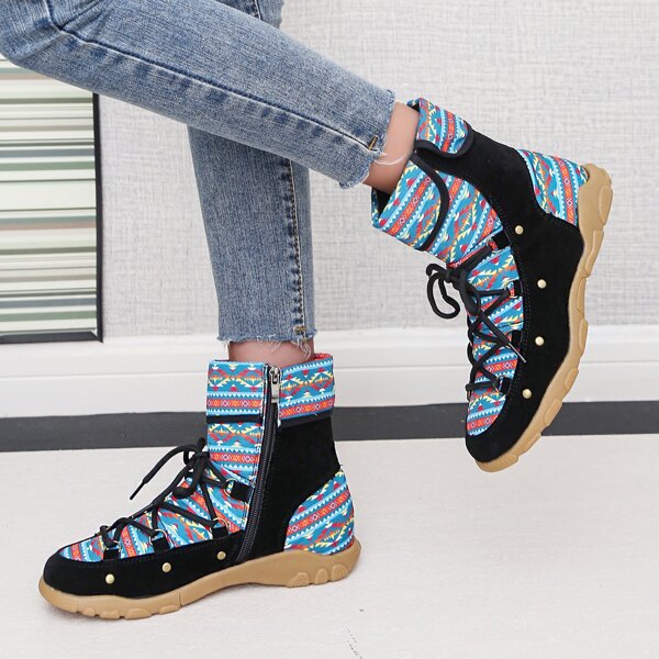 

Geometric Pattern Lace Up Decor Side Zipper Boots, Multicolor