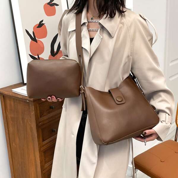 

Minimalist Buckle Decor Crossbody Bag With Inner Pouch, Brown