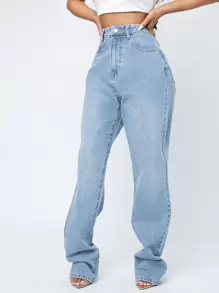 SHEIN Essnce High Waist Straight Leg Jeans - Light Wash - View 1