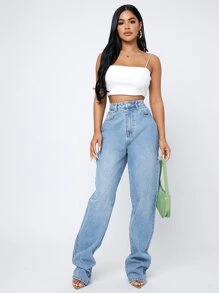 SHEIN Essnce High Waist Straight Leg Jeans - Light Wash - View 3