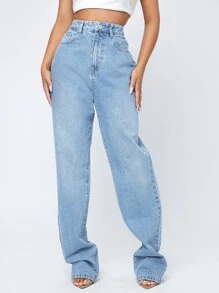 SHEIN Essnce High Waist Straight Leg Jeans - Light Wash - View 6
