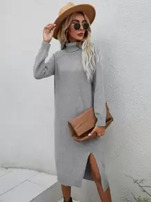 SHEIN LUNE Turtleneck Split Hem Jumper Dress - Light Grey - View 1