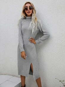 SHEIN LUNE Turtleneck Split Hem Jumper Dress - Light Grey - View 3
