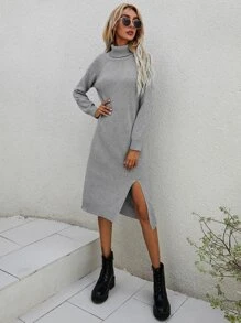 SHEIN LUNE Turtleneck Split Hem Jumper Dress - Light Grey - View 4