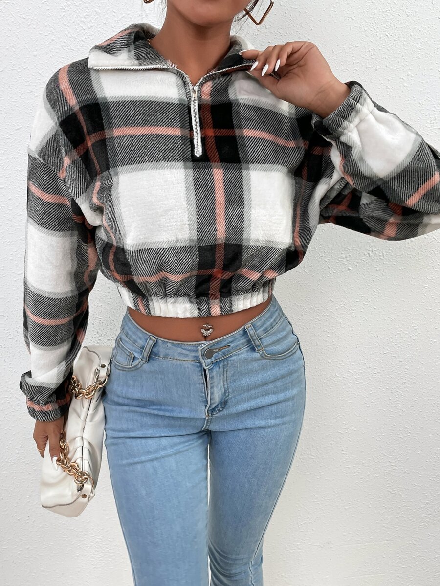 Plaid Print Zipper Half Placket Sweatshirt - Multicolor - View 1