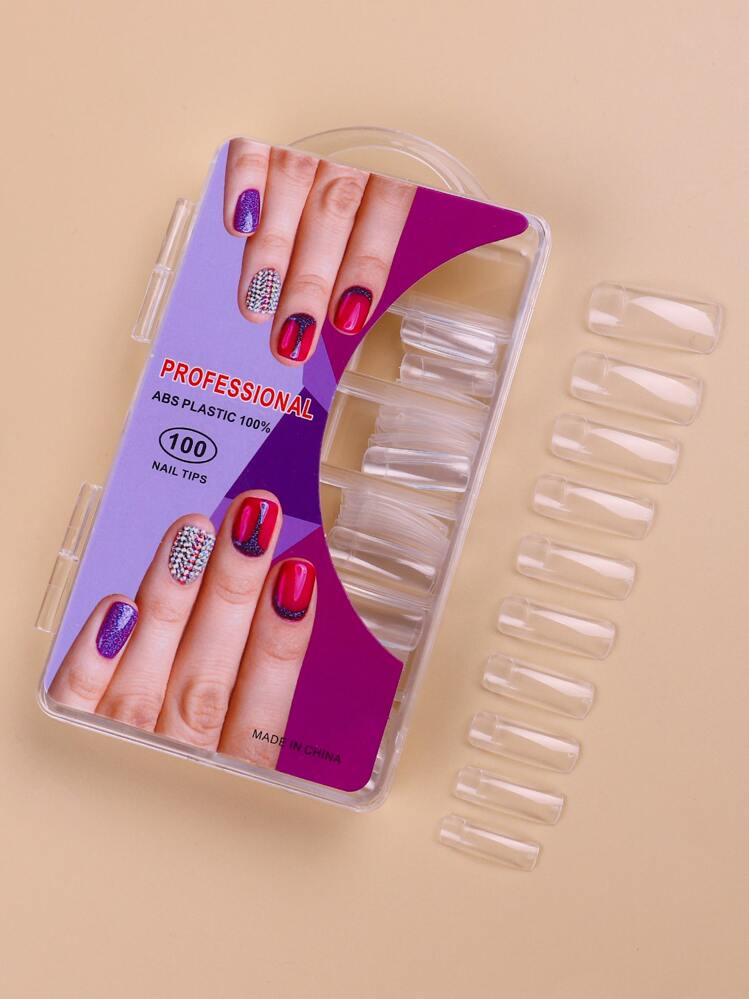 Ponte glamuroso con 100 piezas de uñas postizas de extensión semi-stick de resina cuadrada larga en caja transparente es adecuado para mujeres y niñas - transparente - Añade 1