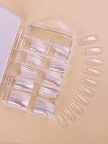 Ponte glamuroso con 100 piezas de uñas postizas de extensión semi-stick de resina cuadrada larga en caja transparente es adecuado para mujeres y niñas - transparente - Ver 2