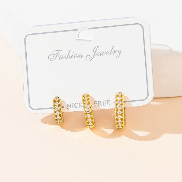 

3pcs Rhinestone Decor Hoop Earring, Gold