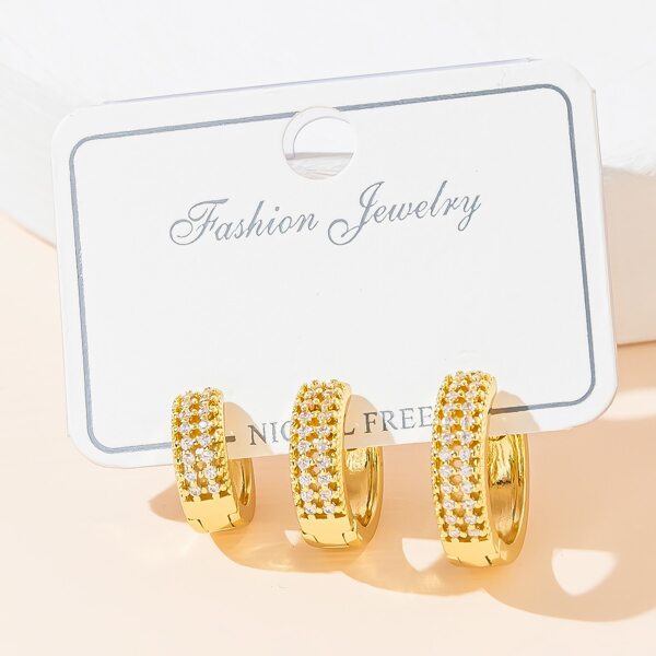 

3pcs Rhinestone Decor Earrings, Gold