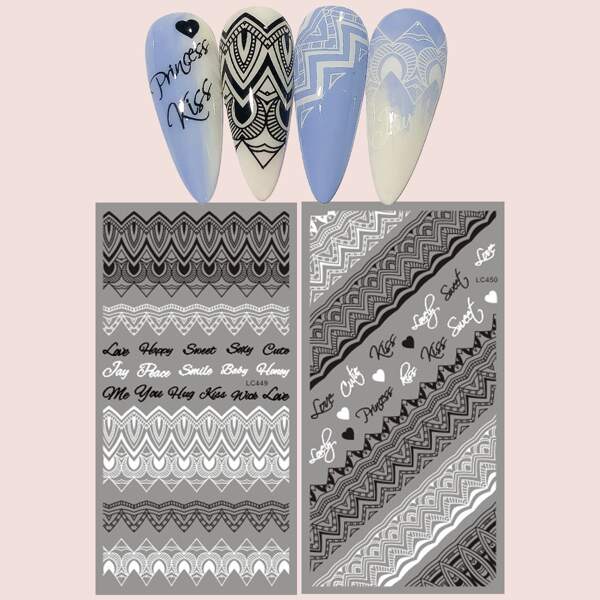 

2sheets Graphic Nail Art Sticker, Black and white