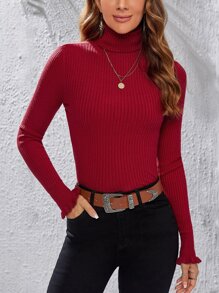 SHEIN Clasi Jersey de cuello tortuga fruncido puño - Burdeos - Ver 1