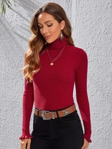 SHEIN Clasi Jersey de cuello tortuga fruncido puño - Burdeos - Ver 3