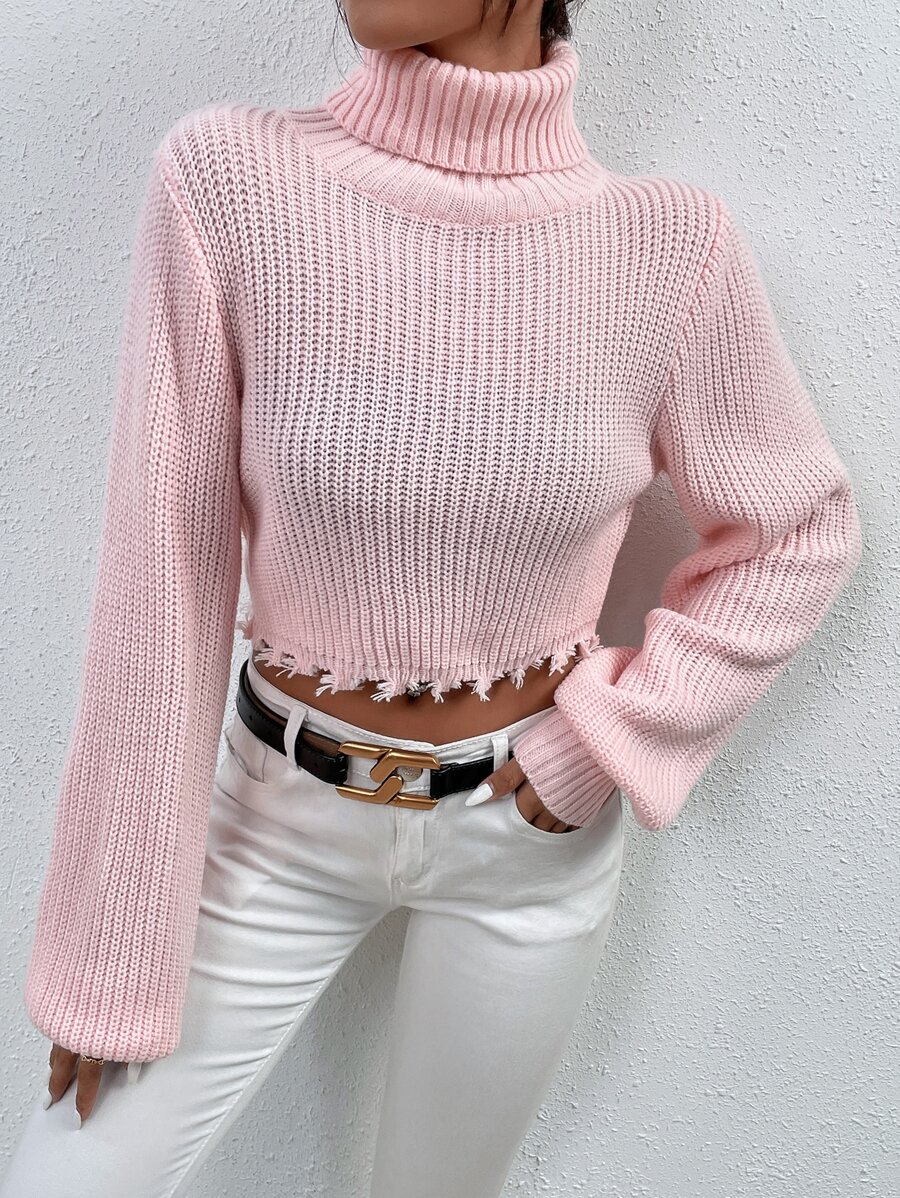 Áo len nữ Hem thô màu trơn Giải trí - Màu Hồng baby - Xem 1