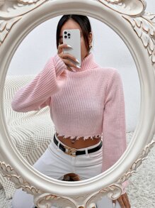 Áo len nữ Hem thô màu trơn Giải trí - Màu Hồng baby - Xem 4