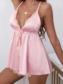 SilkySpell Lace Trim Crisscross Backless Satin Cami Top & Shorts PJ Set / Pajama Set
