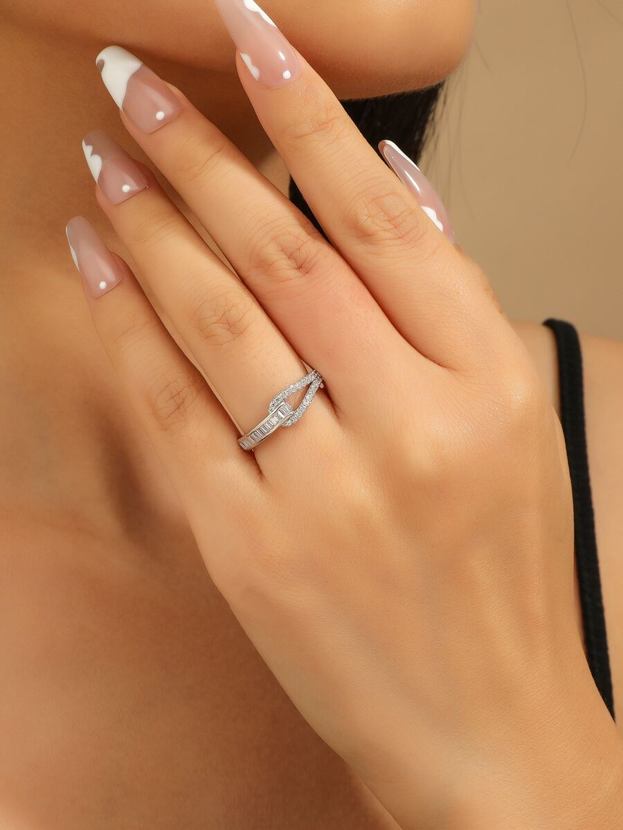 Cubic Zirconia Decor Cuff Ring - Silver - View 1