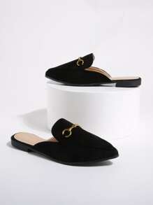 Horsebit Decor Point Toe Flat Mules, Black Fashionable Solid Color Women's Flat Shoes
