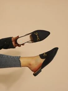 Horsebit Decor Point Toe Flat Mules, Black Fashionable Solid Color Women's Flat Shoes