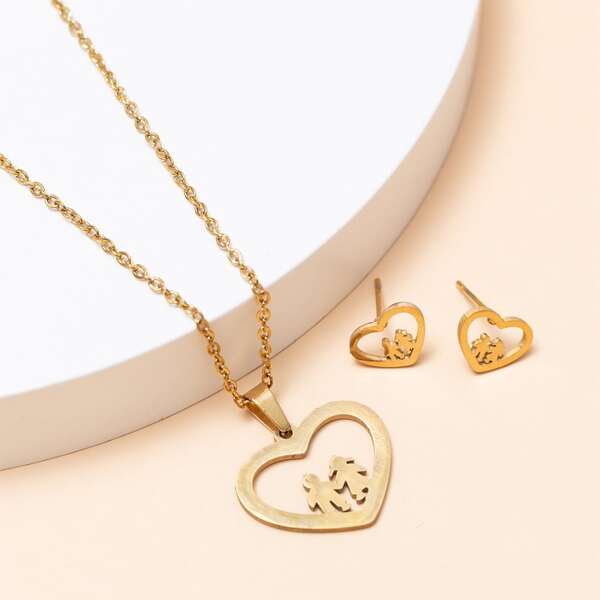 

3pcs Heart Pendant Jewelry Set, Gold