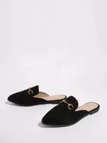 Horsebit Decor Point Toe Flat Mules, Black Fashionable Solid Color Women's Flat Shoes