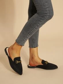 Horsebit Decor Point Toe Flat Mules, Black Fashionable Solid Color Women's Flat Shoes