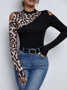 SHEIN Clasi Cold Shoulder Leopard Print Tee - Black - View 1