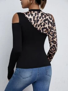 SHEIN Clasi Cold Shoulder Leopard Print Tee - Black - View 2