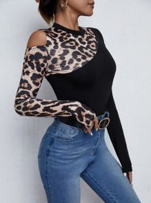 SHEIN Clasi Cold Shoulder Leopard Print Tee - Black - View 4