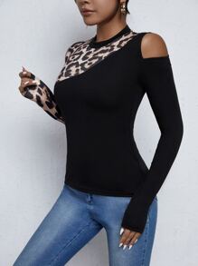 SHEIN Clasi Cold Shoulder Leopard Print Tee - Black - View 5