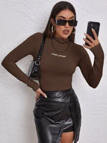 SHEIN Unity Camiseta de cuello alto con bordado de letra tejido de canalé - Café integral - Ver 1