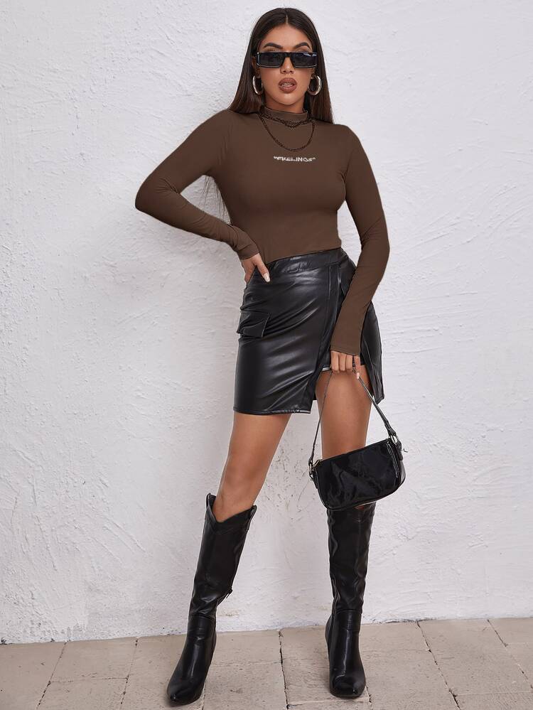 SHEIN Unity Mock Neck Letter Embroidered Rib-knit Tee - Coffee Brown - View 3